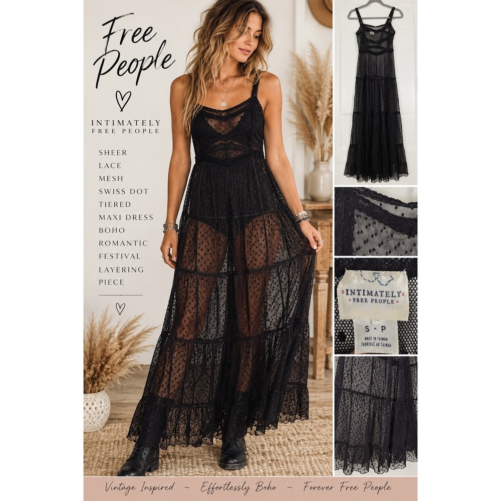 Intimately Free People Black Sheer Lace Mesh Tiered Maxi Slip Dress Small